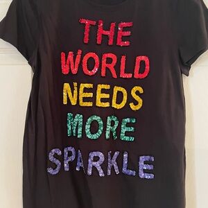 Alice + Olivia Black Tee with Red, Yellow, Green & Purple Sequin Lettering